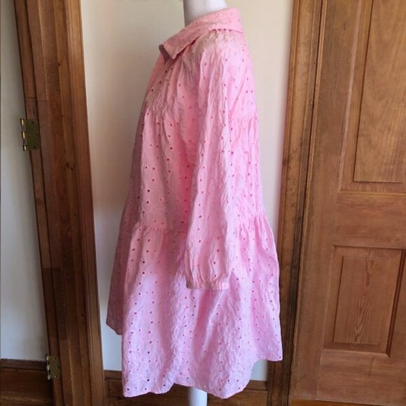 CROWN & IVY Pink Eyelet Tiered Baby Doll 3/4 Sleeve Dress Medium - Picture 8 of 16